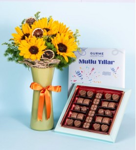 Mutlu Yıllar Temalı Ayçiçeği ve Çikolata Seti