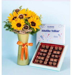 Mutlu Yıllar Temalı Ayçiçeği ve Çikolata Seti