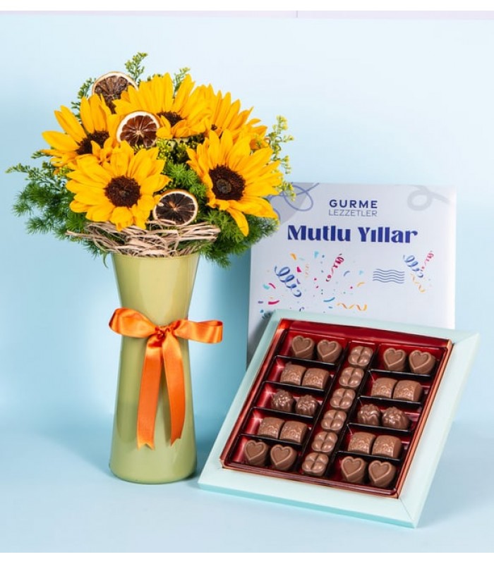 Mutlu Yıllar Temalı Ayçiçeği ve Çikolata Seti